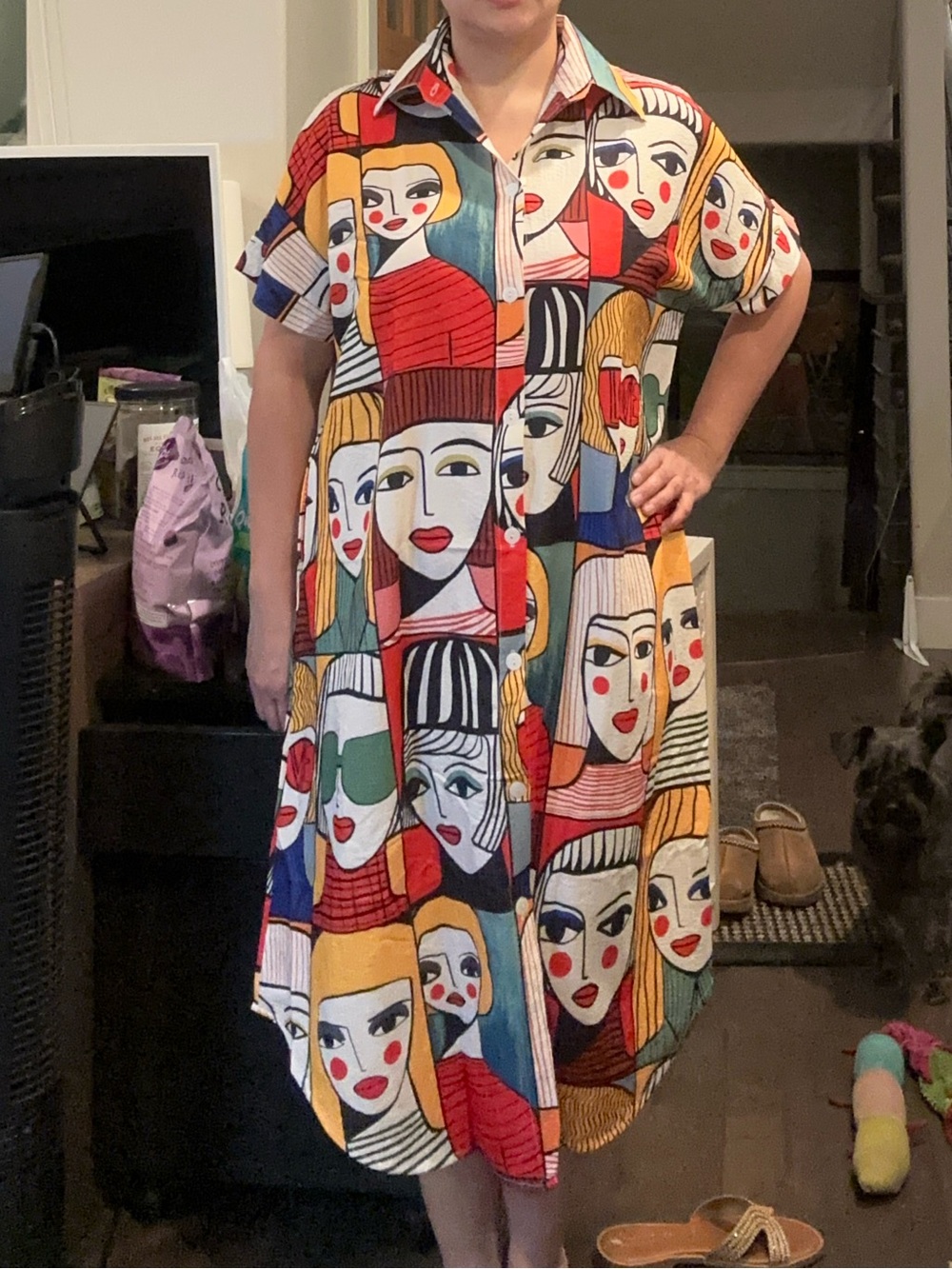 Abstract Faces Print Button-Down Home Dress - Multicolor (fits up to 2XL)